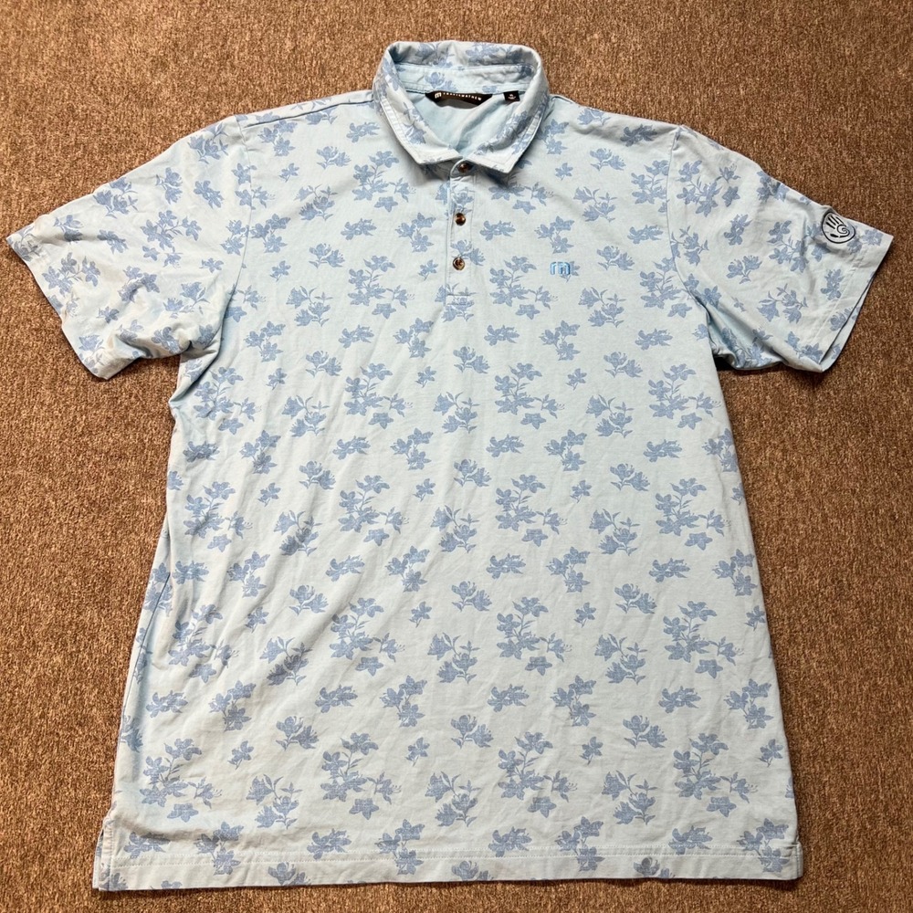 Travis Mathew Port Day Golf Polo Shirt Mens XL Blue Coastal Floral Print